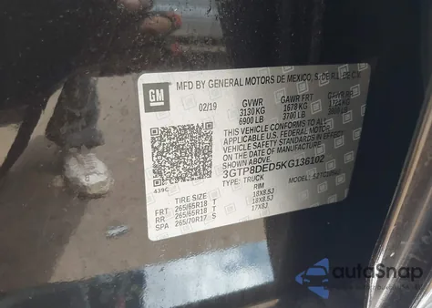 2019 GMC Sierra 1500 Slt из США, поврежденный, VIN 3GTP8DED5KG136102